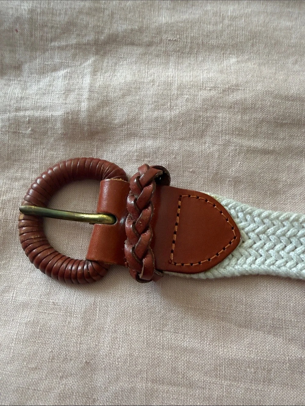 Talbots Braided Cream Woven Belt with Brown Leather Accents. Stretches. 42”.